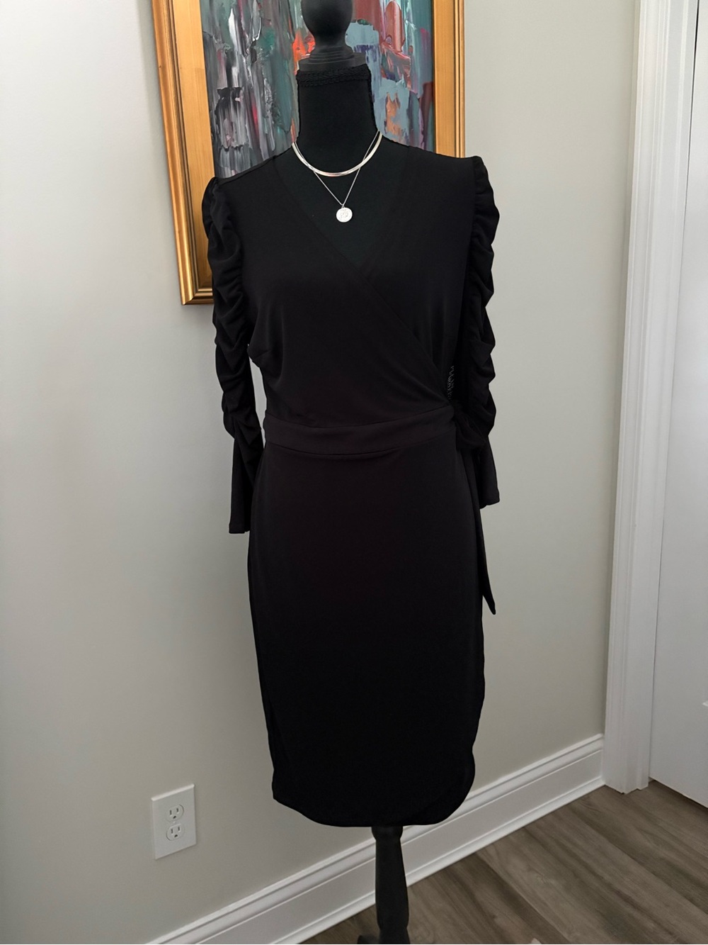 New York & Company Black Ruched-Sleeve Wrap Midi Dress